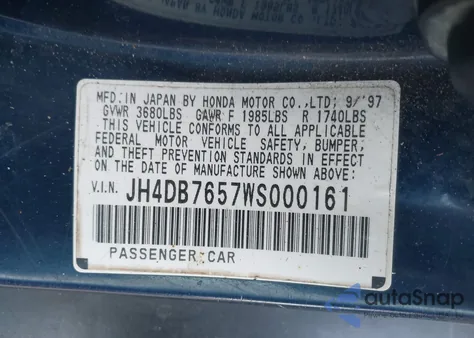 1998 Acura Integra Ls из США, поврежденный, VIN JH4DB7657WS000161